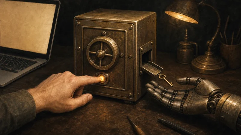 An illustration of a person pressing an approval button on a safe and handing a temporary key to a mechanical hand