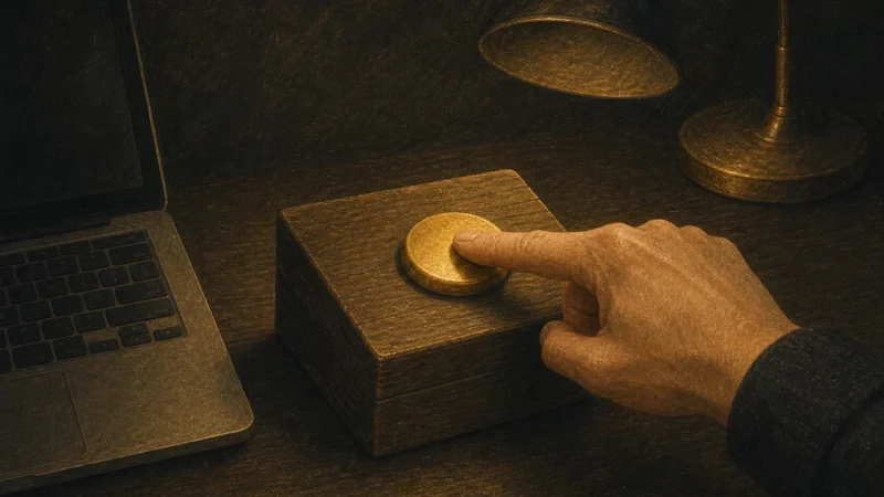 An illustration of a hand pressing a single gold button beside a laptop