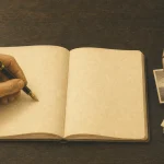 An illustration of a human hand writing in a notebook alongside a mechanical hand sorting reference material