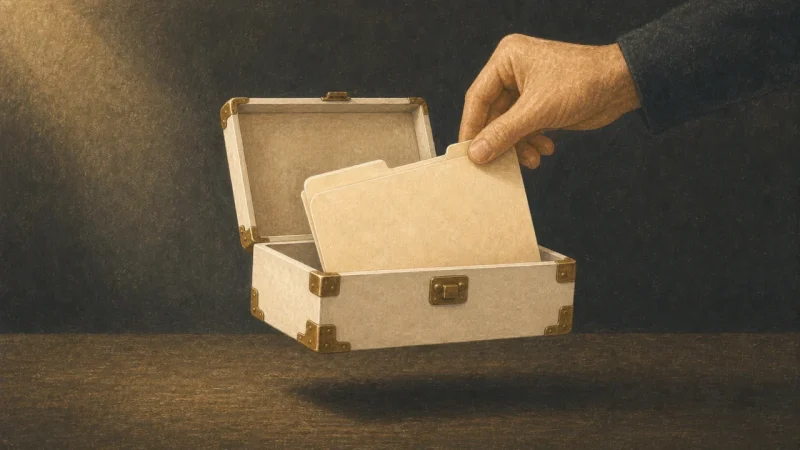 An illustration of a single project folder being placed into a work box floating above a desk