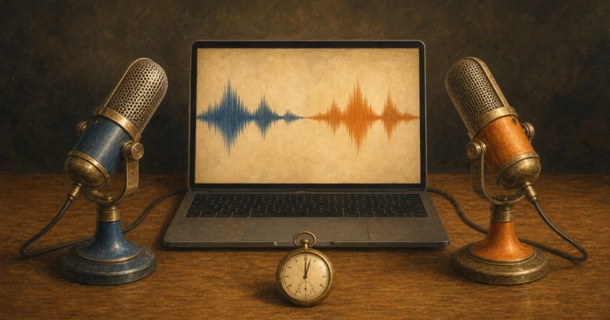 A blue and an orange microphone facing each other across a laptop, with a clock between them