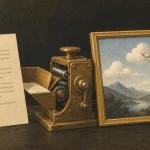 An illustration of an article being fed into a machine whose arms produce a framed picture
