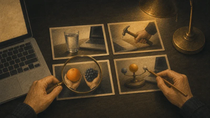 An illustration of several featured images being examined with a magnifying glass and a pencil