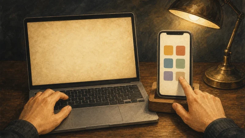 Hands working on an iOS app beside a laptop running Claude Code