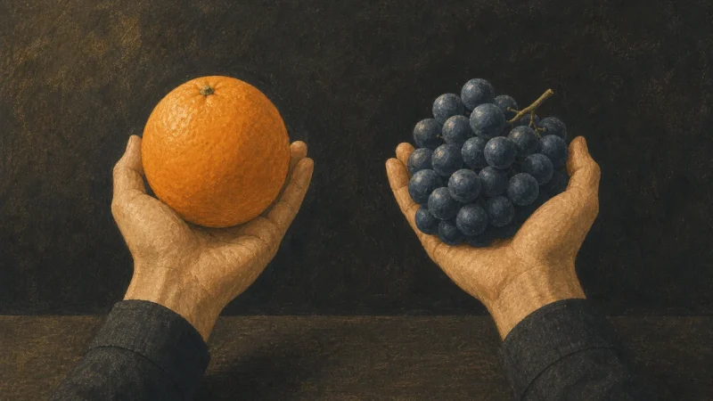 An illustration comparing two AIs, holding an orange in one hand and blue grapes in the other
