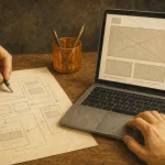 A hand draws a website wireframe beside a laptop on a wooden desk.