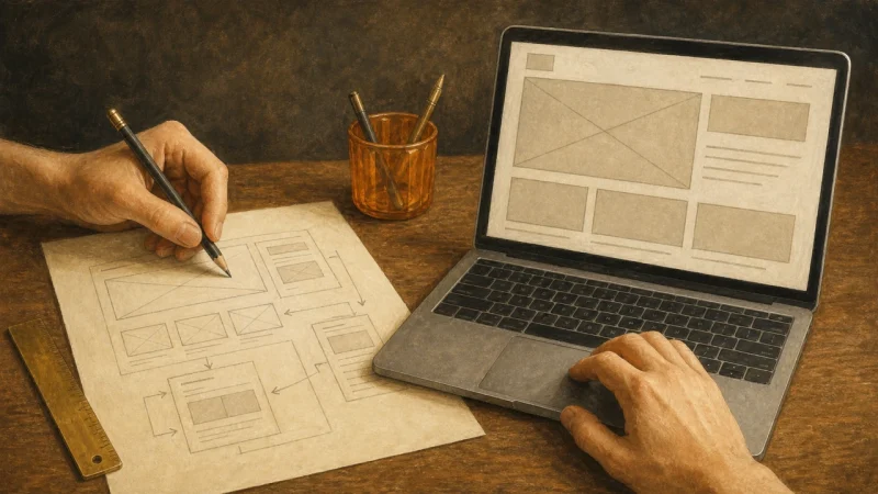 A hand draws a website wireframe beside a laptop on a wooden desk.