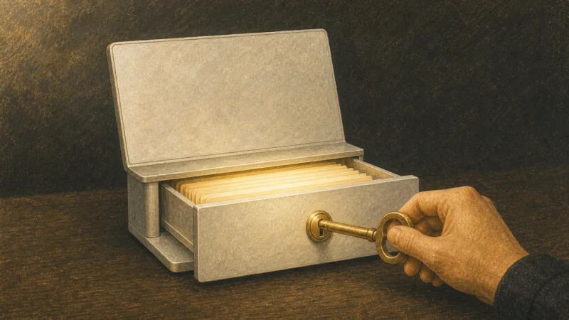 An illustration of a computer-shaped document box unlocked with a key, files visible inside