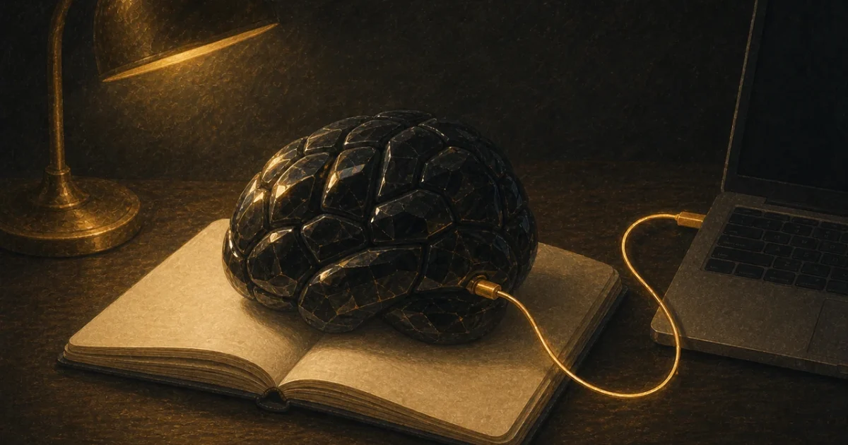 An illustration of an obsidian brain connected to a laptop by a gold cable