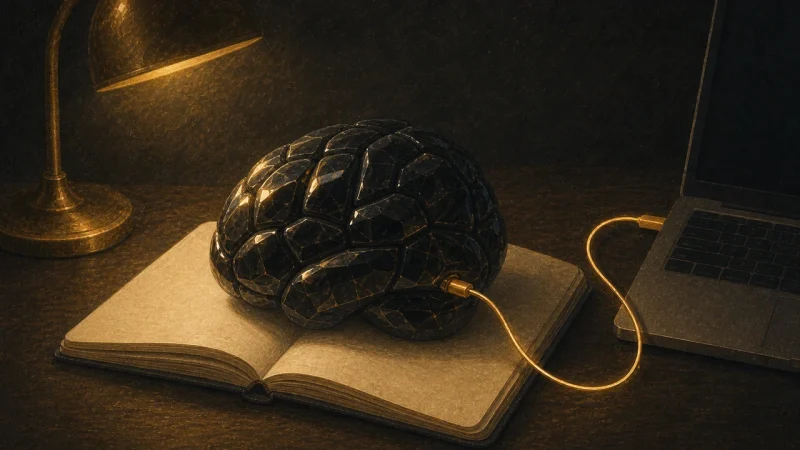 An illustration of an obsidian brain connected to a laptop by a gold cable