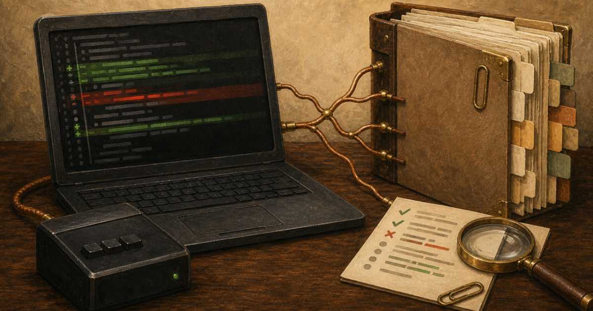A terminal with green and red file changes connected to a project folder and review card