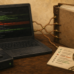 A terminal with green and red file changes connected to a project folder and review card