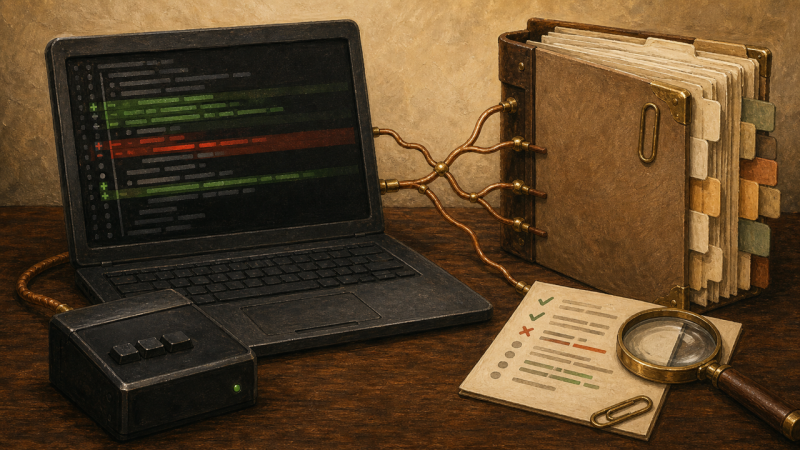 A terminal with green and red file changes connected to a project folder and review card