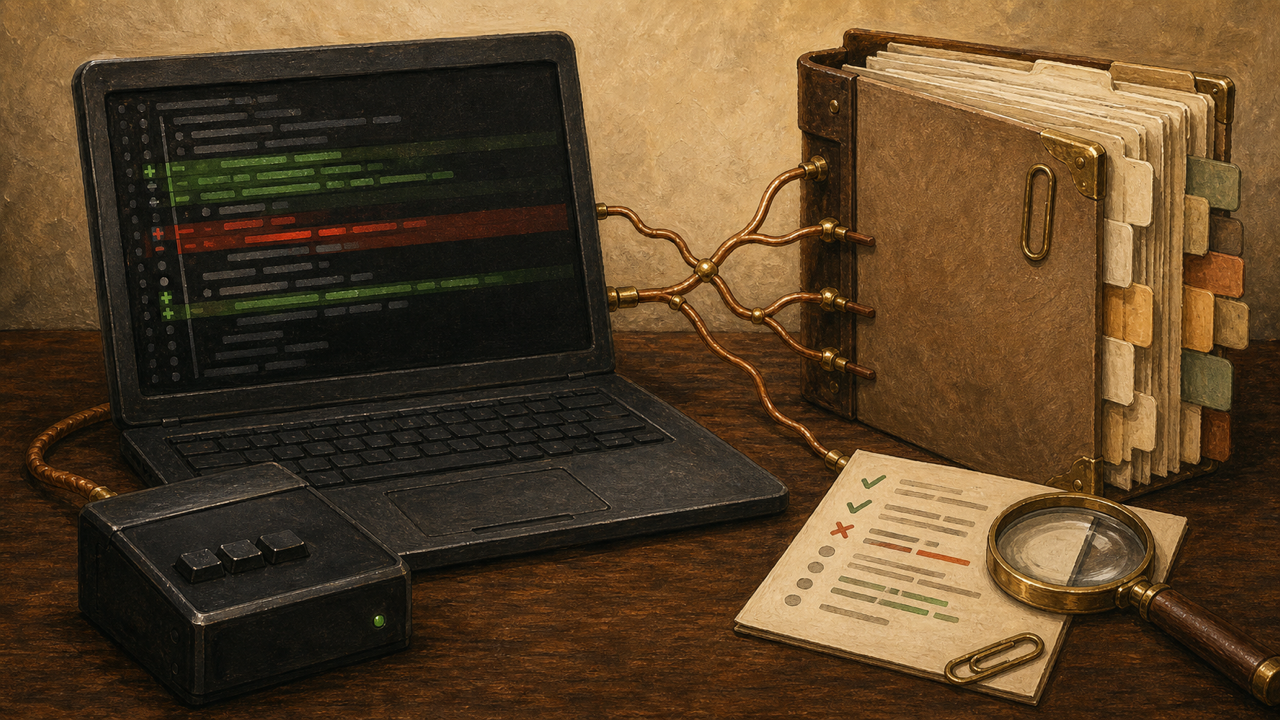 A terminal with green and red file changes connected to a project folder and review card