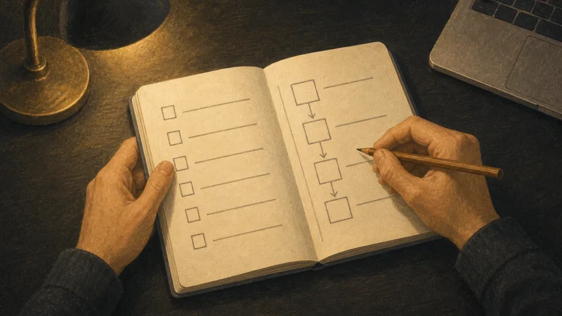 An illustration of a hand writing a checklist and a plan in a notebook with a pencil