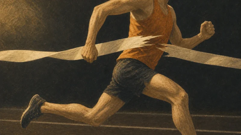 An illustration of a runner crossing the finish line, moving from left to right