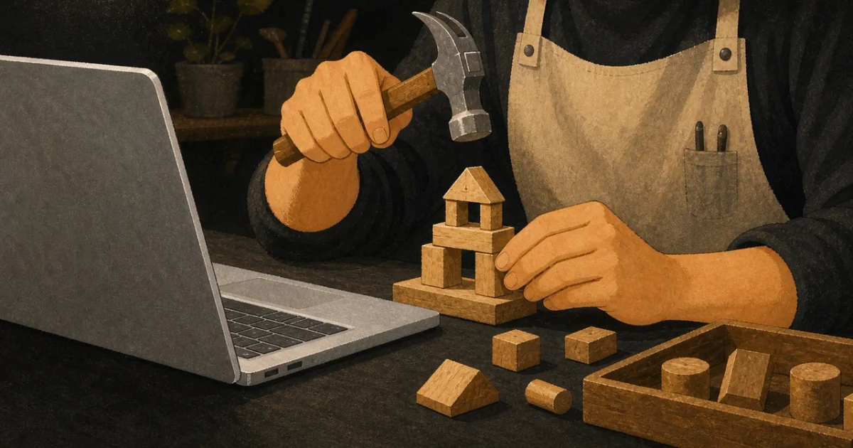 ノートPCの横で木の模型をトンカチで組み立てる手元のイラスト