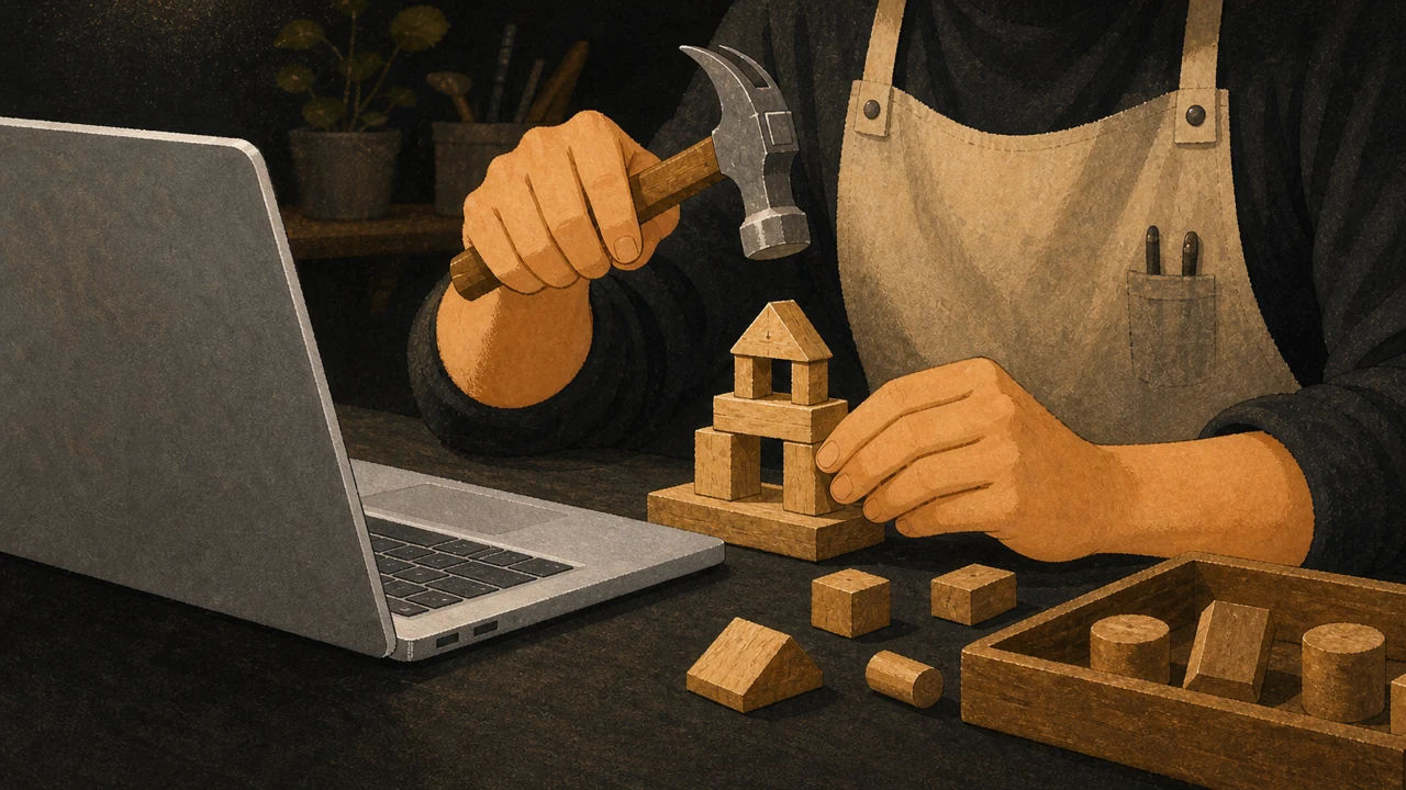ノートPCの横で木の模型をトンカチで組み立てる手元のイラスト