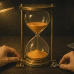 半分ほど金色の砂が入った砂時計を、両手で作業机へ固定している様子