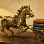 書物を載せた小さな荷車を引いて走る真鍮の機械馬で、Gemini 3.6 Flashの速さと効率を表現したイメージ