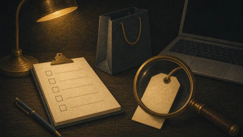 An illustration of a magnifying glass examining a price tag beside a shopping bag and a checklist
