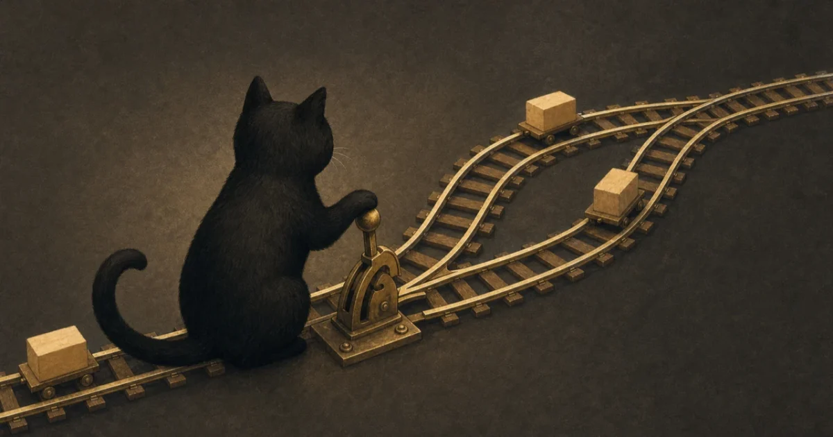 A black cat arranging Git changes from a laptop to GitHub and deployment