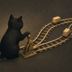 分岐と合流する線路のポイントを操作する黒猫のイラスト