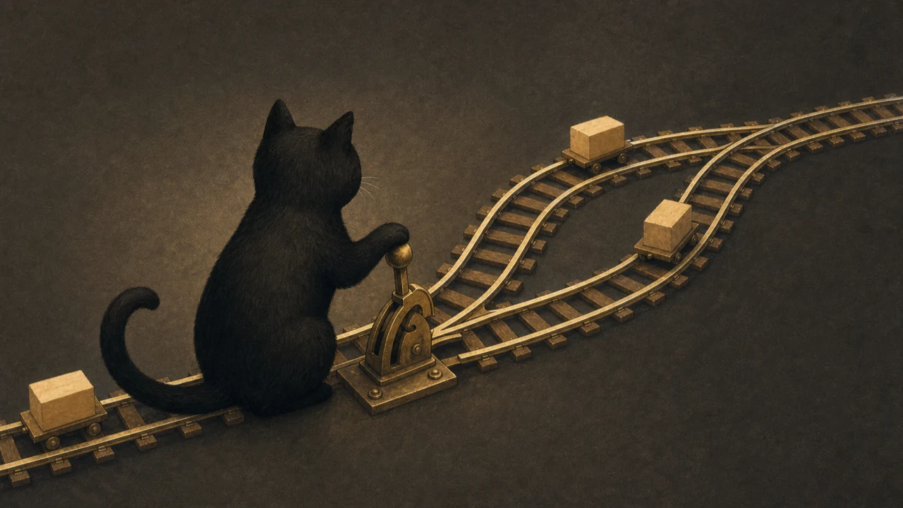 分岐と合流する線路のポイントを操作する黒猫のイラスト