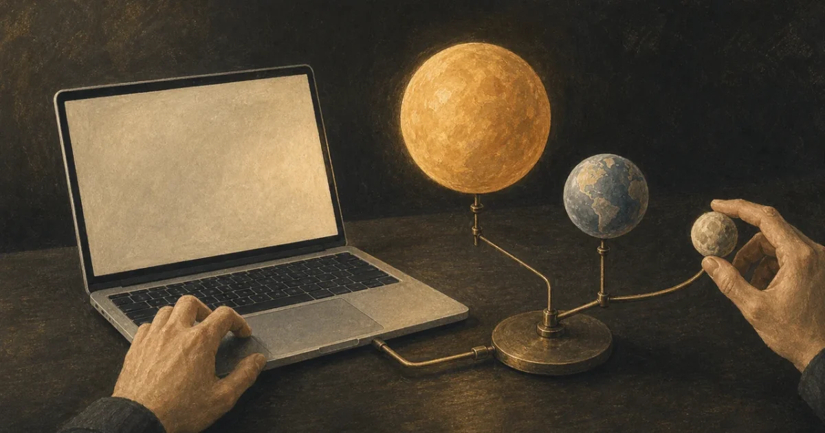 ノートPCにつながる太陽・地球・月の天体模型のイラスト