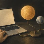 ノートPCにつながる太陽・地球・月の天体模型のイラスト