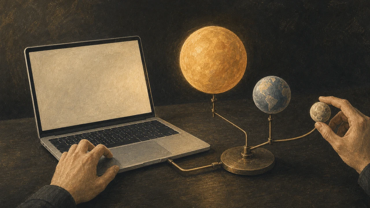 ノートPCにつながる太陽・地球・月の天体模型のイラスト
