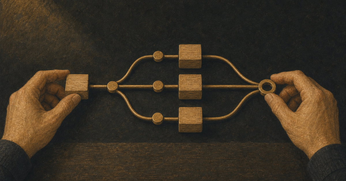 Hands arranging wooden blocks and brass connectors into a branching workflow on a dark textured surface