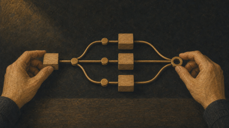 Hands arranging wooden blocks and brass connectors into a branching workflow on a dark textured surface