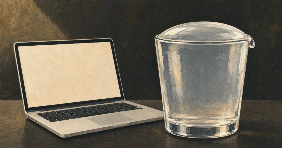 ノートPCの横で表面張力まで水が満ちたコップのイラスト