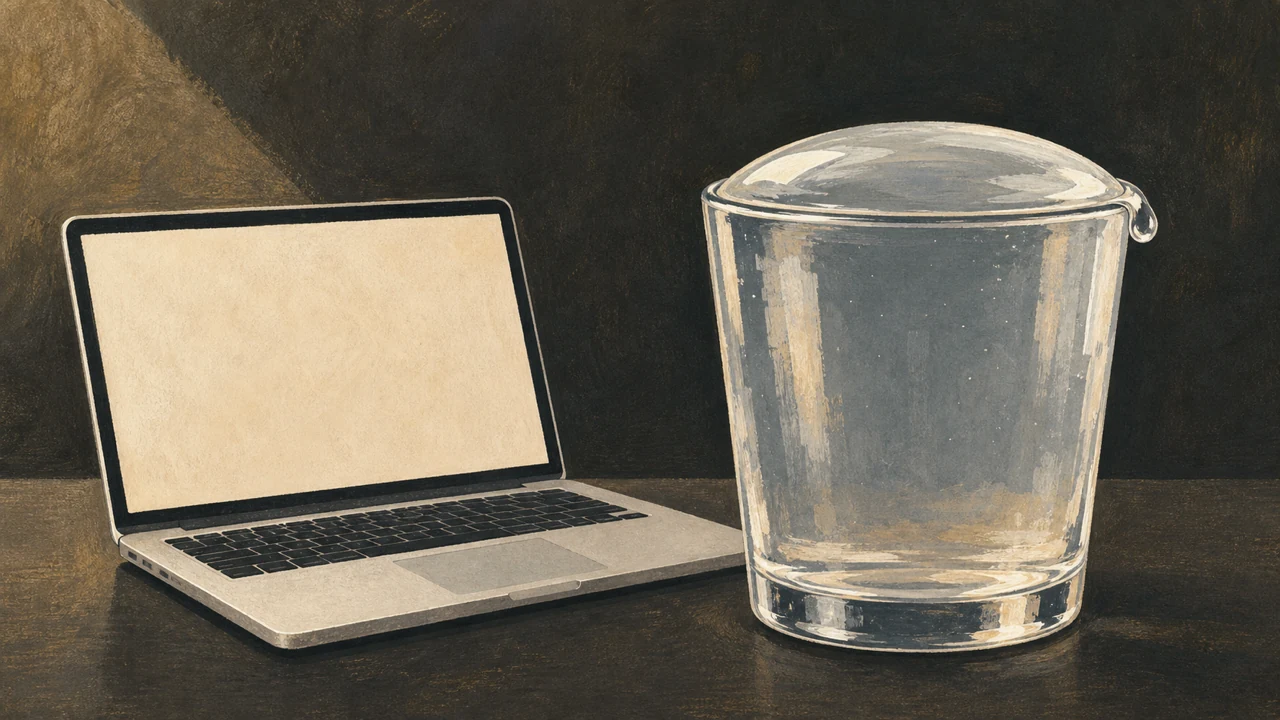 ノートPCの横で表面張力まで水が満ちたコップのイラスト