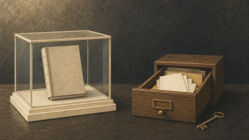 An illustration comparing a book in a display case with a wooden document chest fitted with a lock