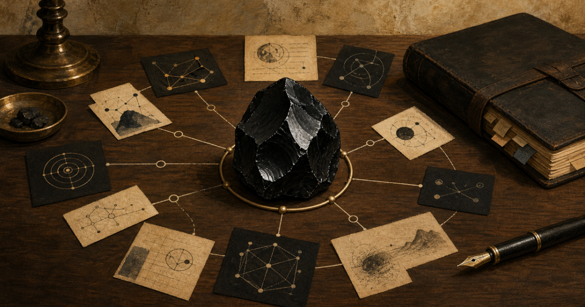 A polished obsidian stone surrounded by linked note cards on a warm wooden desk