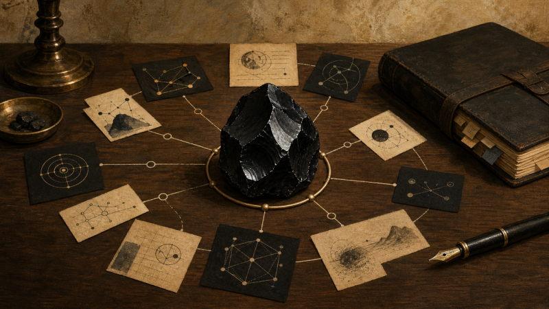 A polished obsidian stone surrounded by linked note cards on a warm wooden desk