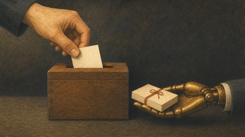 An illustration of a hand dropping small notes into a box and a mechanical arm lifting them out in a bundle