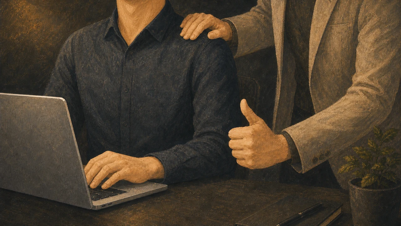 ノートPCで働く後輩の肩に手を置き親指を立てて褒める上司のイラスト