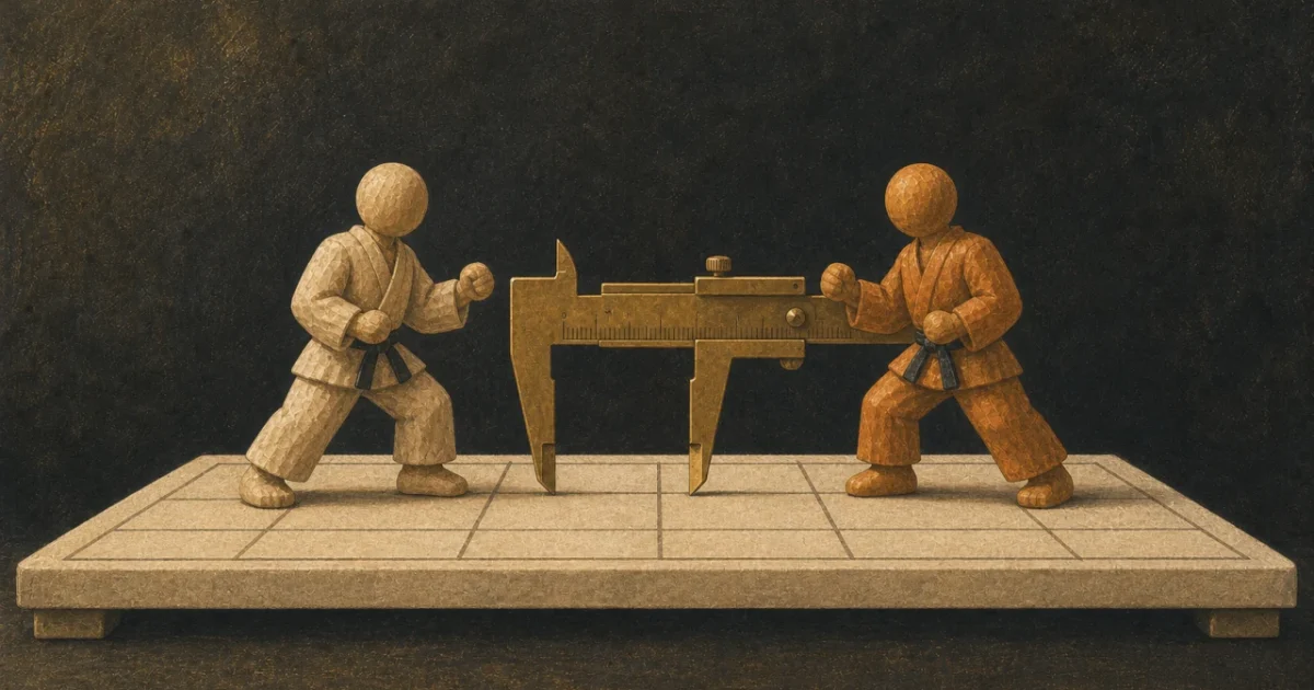 An illustration of two wooden fighters facing off with an instrument measuring the distance between them