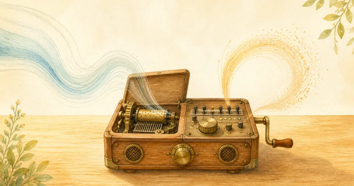 Bright watercolor illustration of a wooden and brass audio machine generating background music and sound effects
