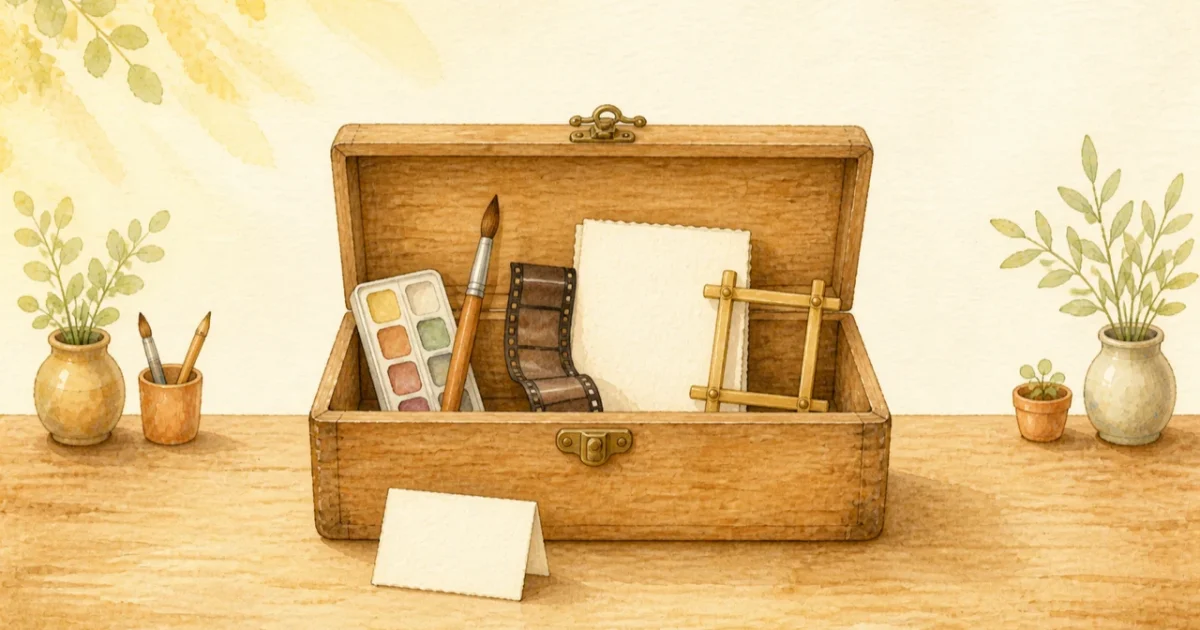 絵筆・フィルム・紙・フレームをまとめた木製の道具箱の水彩イラスト