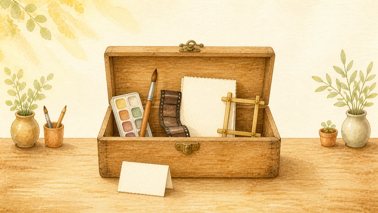 Watercolor illustration of a wooden toolbox holding a paintbrush, film strip, paper, and framing tool