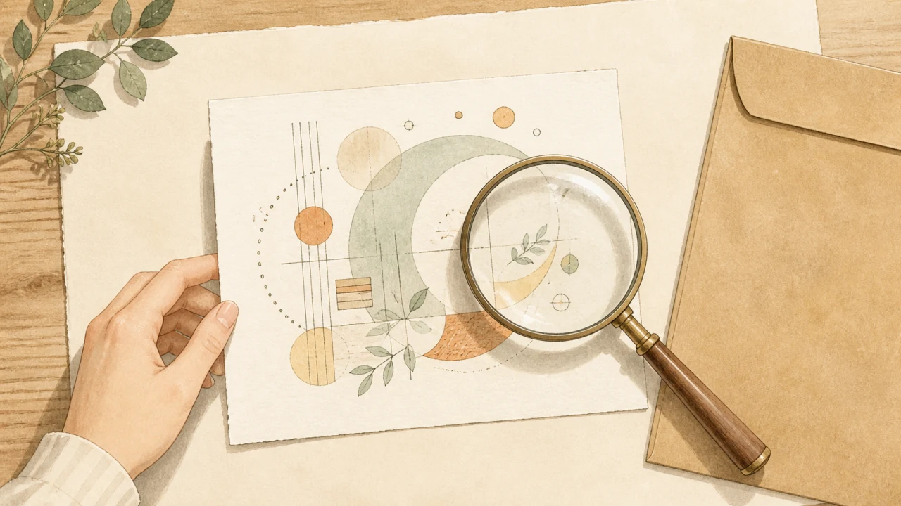 A designer inspecting AI-generated artwork with a magnifying glass before placing it in a client delivery envelope