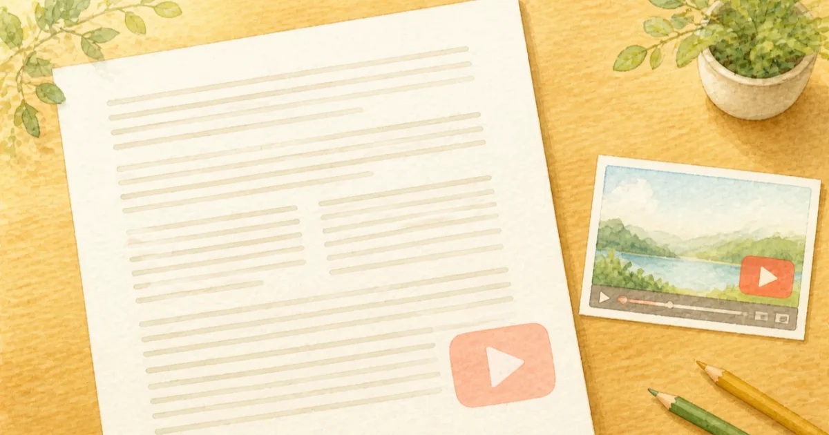 A watercolor illustration of a translucent play-button watermark appearing on a document and a video player