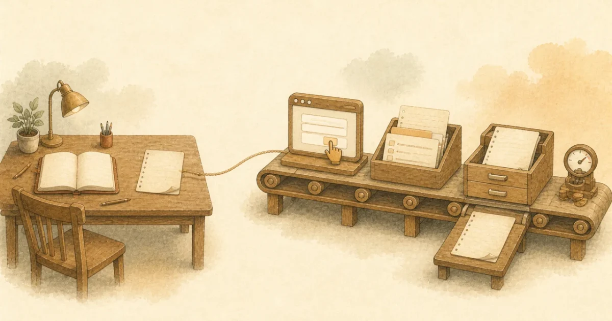 Watercolor illustration comparing a manual desk with an automation line combining browser control, procedural instructions, and file management