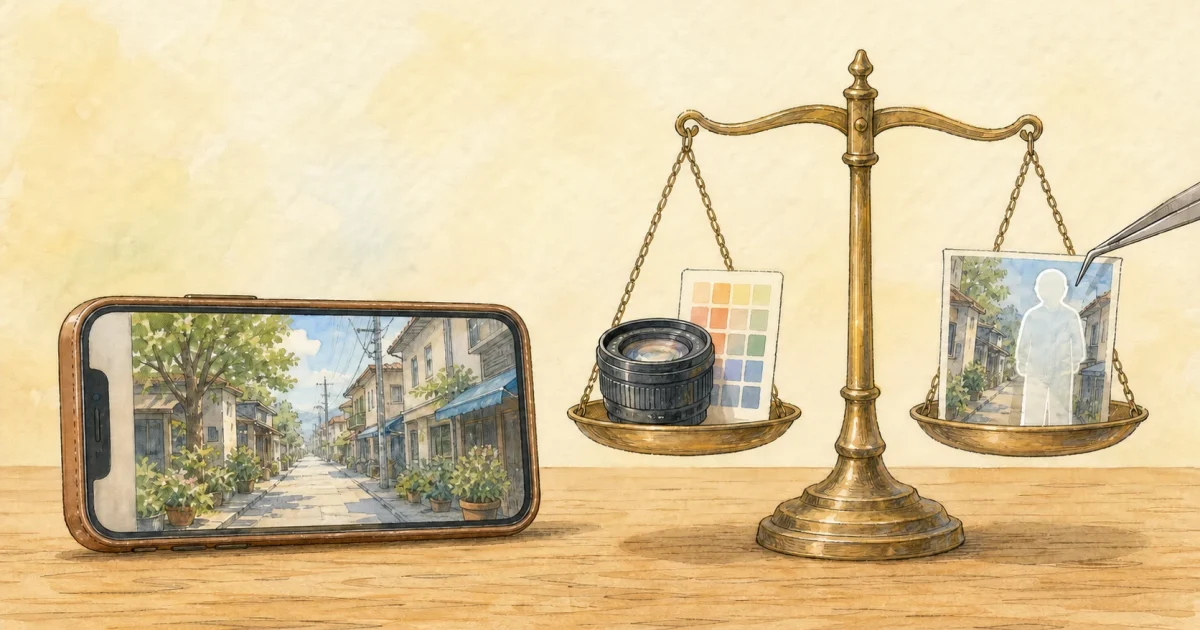 スマートフォン写真の補正とAI加工の境界を表す天秤のイラスト