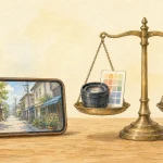 スマートフォン写真の補正とAI加工の境界を表す天秤のイラスト