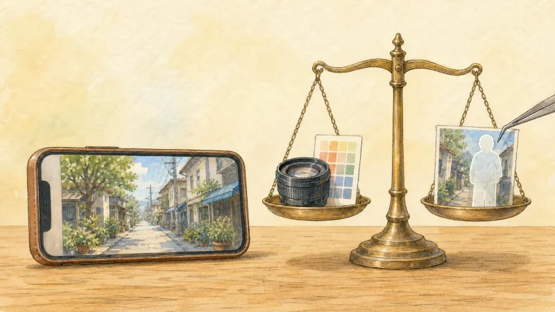 スマートフォン写真の補正とAI加工の境界を表す天秤のイラスト